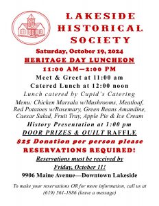 Lakeside Historical Society Heritage Day Luncheon - October 19, 2024