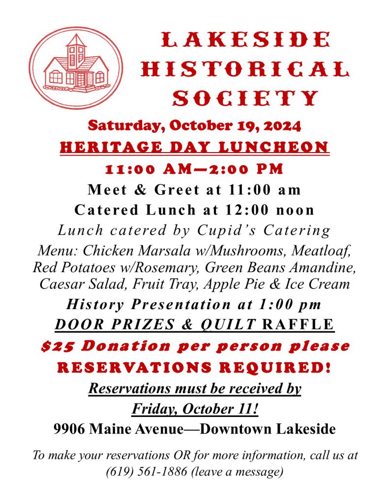 Lakeside Historical Society Heritage Day Luncheon - October 19, 2024