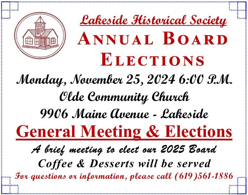Lakeside Historical Society - General Meeting - November 25, 2024 - Elections & Dessert